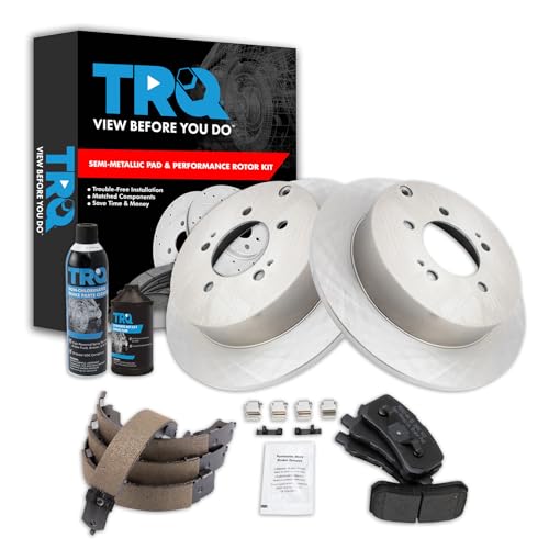 Image of TRQ Rear Brake Pad & Rotor Kit, with Chemical Kit Parking Brake Shoe Set Semi-Metallic Compatible with 2008-2011 Mitsubishi Outlander