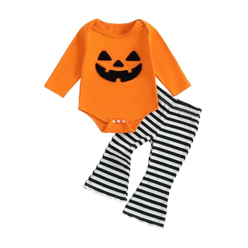 Baby Girl Halloween Clothes Set Long Sleeve Funny Pumpkin Embroidery Top Stripe Flare Pants Fall Outfit Infant
