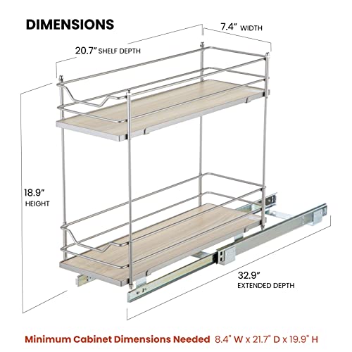 Home Zone Living Pull Out Kitchen Cabinet Organizer with 2 Tiers of Storage for Easy Access, 7.5”W x 20”D, Satin Nickel with Light Brown, Virtuoso Collection by Home Zone Living - Image 7