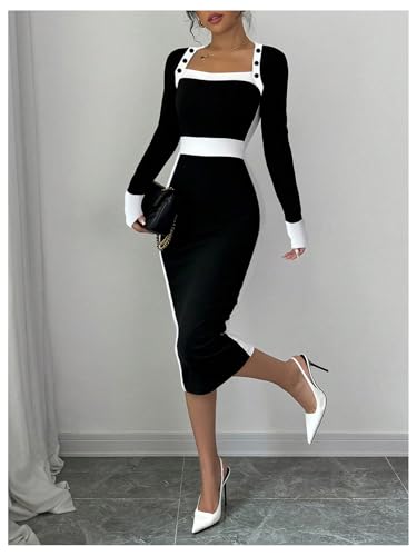 SOLY HUX Women's Long Sleeve Square Neck Bodycon Elegant Midi Dress Pencil Cocktail Party Dresses4
