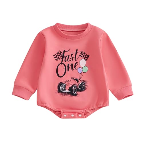 Image of KMBANGI First Birthday Baby Boy Girl Clothes Fast One Race Car Romper Bubble Sweatshirt Top 1st Birthday Cake Smash Outfit