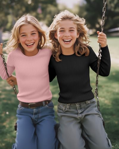 Image of 4 Pack Girls Long Sleeve Shirts Ribbed Knit Cotton Crewneck Tops Slim Fit Soft Casual Kids Base Layer Undershirts