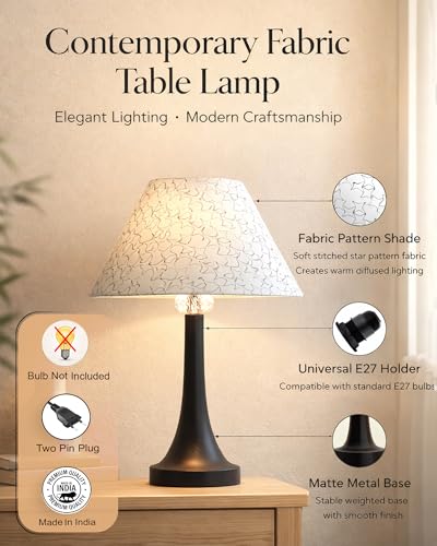 Image of Homesake Black Cone Crystal Metal Table Lamp for Living Room, Lamps for Bedroom, Modern Bedside Light, Decorative Night Lamp for Bedroom, Study, Office, Home Decor Lighting, Urn, White Star Shade