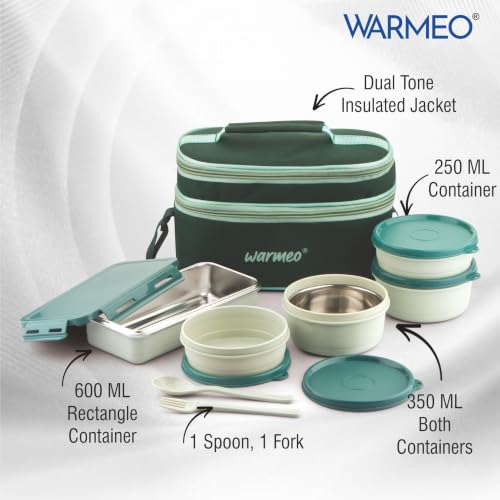 Image of WARMEO Micro Meal Microwave Safe Lunch Box | 1 Rectangular Container 600ml + 2 Round Container 350ml Each | BPA Free I Stylish Durable Jacket I Ideal for Office,School,Outdoor, Picnic,Green