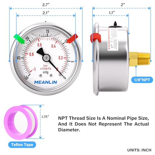 Image of MEANLIN MEASURE -30inHG~0Psi Vacuum Pressure Gauge 1 /8 inch NPT 2.5 inch FACE DIAL, Stainless Steel Liquid Filled Pressure Gauge WOG Water Oil Air Center Back Mount (with 2PCS Snaps)
