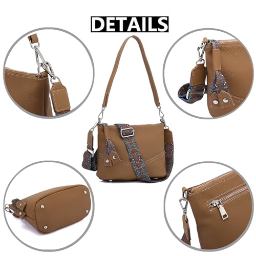 Image of Small Crossbody Purse for Women Genuine Leather Handbag with Colored Guitar Shoulder Strap Casual Satchel Hobo Bags (Brown)