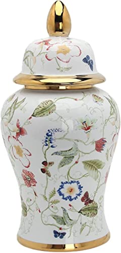 Ceramic Jars,Tea Jar,Chinese Style Storage Jars,Modern Ceramic White Ginger Jar With Gold Details, Flower Pattern Decorative Porcelain Jars Temple Jar With Lids, Flower Vases Decor For Living Room Bed #TOP16