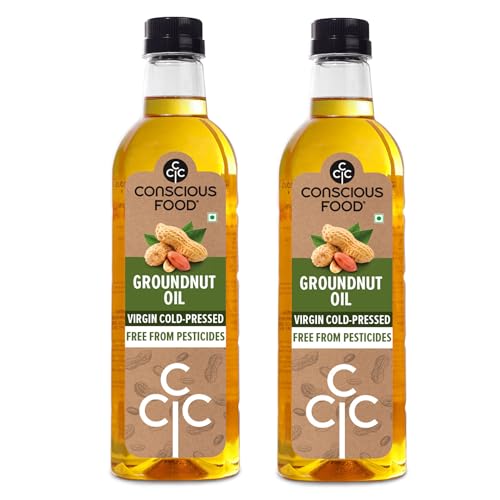 Image of Conscious Food Cold Pressed Groundnut Oil |1 liter X Pack of 2 | Peanut Oil | Natural | Cooking Oil | Kolhu /Kacchi Ghani /Chekku | Mungfali tel | PET bottle