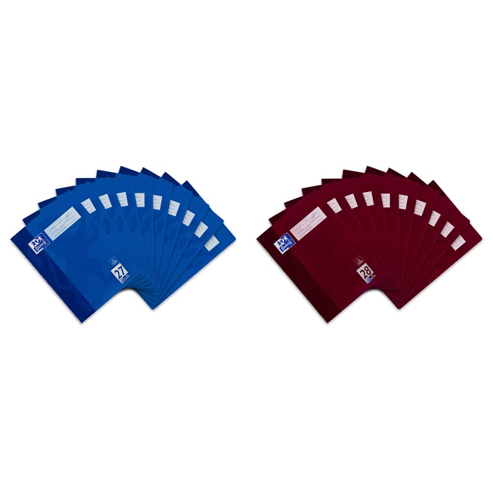 Oxford Schulheft A4, liniert, mit Doppelrand, 32 Blatt, blau, 10 Stück & Schulheft A4, kariert, mit Doppelrand, 32 Blatt, bordeaux, 10 Stück