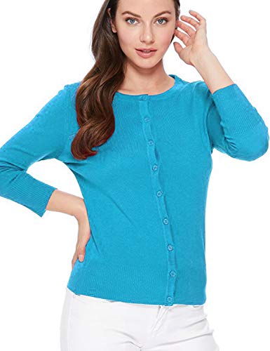 Image of Women's 3 /4 Sleeve Crew Neck Button Down Stretch Knit Cardigan Sweater (S-3XL)