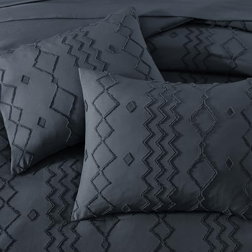 Image of AMBERSPACE Queen Comforter Set Navy Blue, Tufted Boho Bedding Farmhouse Bed Set, All Season 7 Pieces Bed in a Bag with Sheets, Pillowcases & Shams