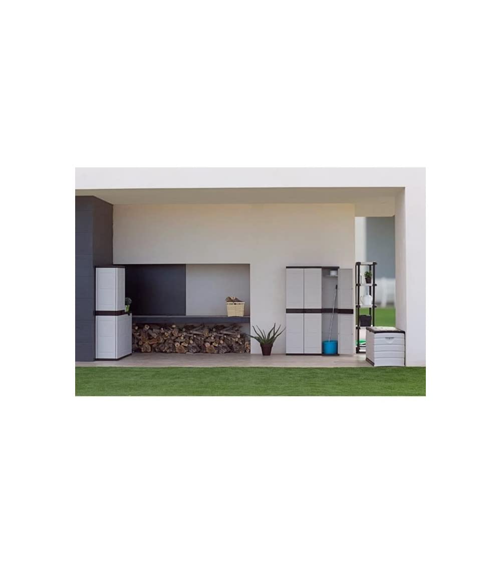TITANIUM PLASTIKEN Armoire haute 2 portes avec étageres - 70 x 44 x 176 cm - Beige et Noir - Gamme TITANIUM - Intérieur et Extérieur