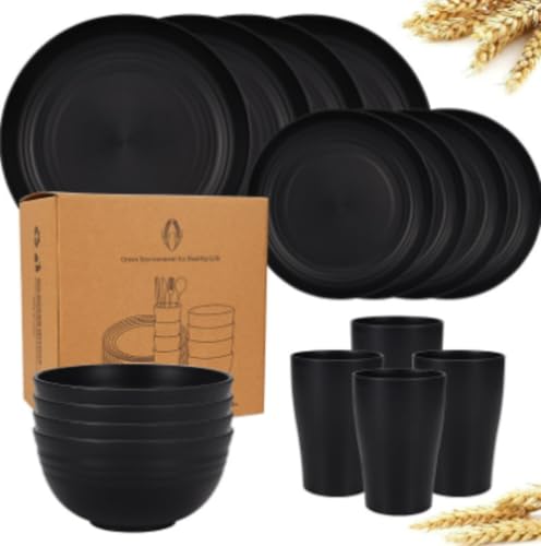 Qfmr 割れないディナープレート16枚/24枚/32枚、ストロー食器セット8人暮らし 食器セット ブラック、電子レンジ・食洗機対応、再利用可能カトラリー (ブラック,16)