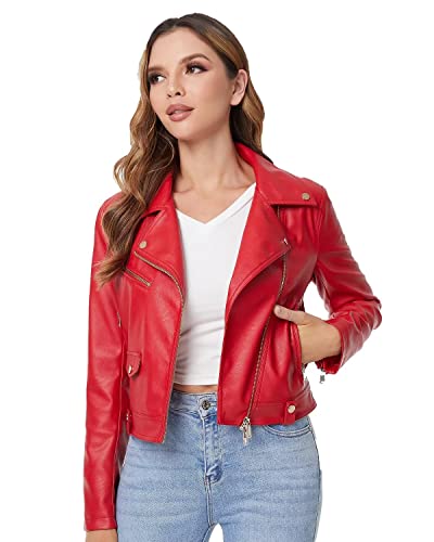 Diashiny Red Cropped Faux Leather Jacket For Women Pu Slim Zip Up Moto Biker Coat Motorcycle Crop Short Jacket 013 S #TOP3