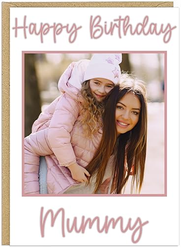 Personalised A5 Photo Happy Birthday Cards - Custom Own Name & Photo Auntie Mummy Grandma Best Friend Designs - 7 Colour Options Beige Blue Bright Pink Gold Grey & Pink (Pink & Grey)