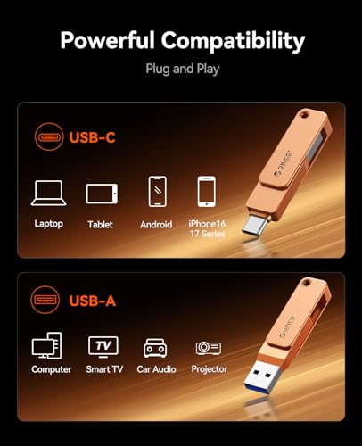 Image of ORICO USB 3.0 Flash Drive 150MB /S Metal Housing Swivel Design Support OTG Function 2 in 1 PenDrive 64GB for USB C and USB A Devices -EB05 OR