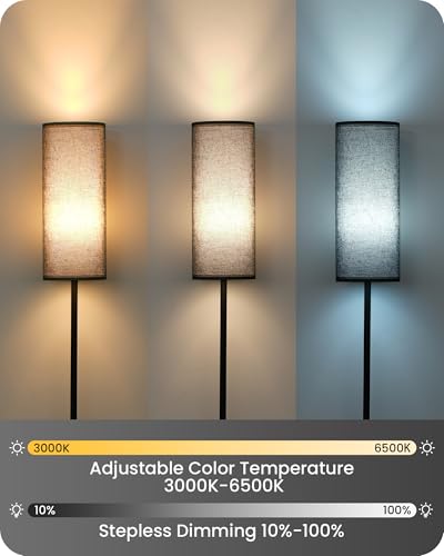 Image of Dimmable Black Floor Lamp for Living Room with Remote and Foot Switch, Corner Floor Lamp for Bedroom, Modern Standing Tall Lamp, 10W 900LM Bulb Included, 3000K-6500K, Linen Shade, FCC Listed B06LD05W1