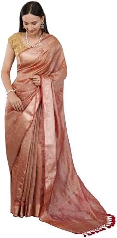 Mela Bazaar Banarsi Crush Tissue Saree for Women/Vegan Silk/Fall Attached/Blouse Fabric Included/Tassels Attached (Red Gold)