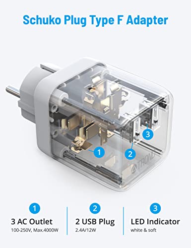 France Germany Power Adapter, Trond Type E F Plug Adapter With 2 Usb Ports 3 Ac Outlets, Eu Outlet Adapter For Us To German Spain Portugal Iceland Russia South Korea, Europe Cruise Travel Essentials #TOP4