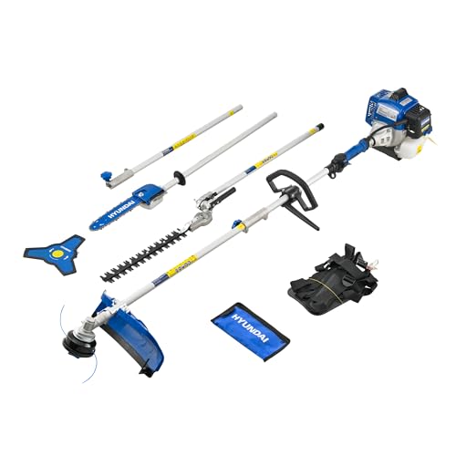 Hyundai 56cc Petrol Multi Tool 5-in-1 Grass Trimmer Brushcutter Hedge Trimmer & Pole Saw Attachments Split Shaft Design Harness Included Heavy Duty Garden System