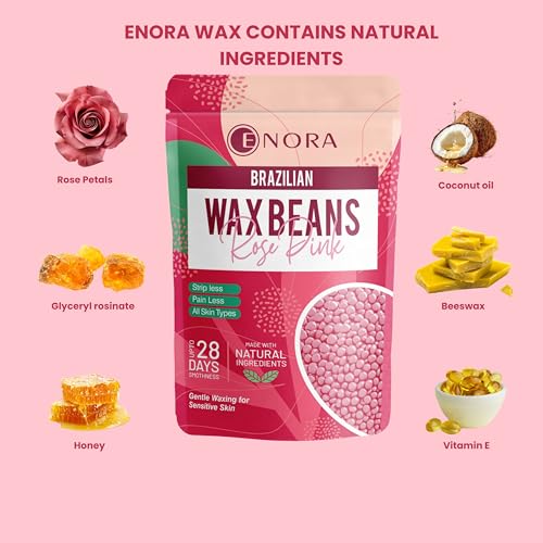 Image of ENORA Brazilian Stripless Wax Beans for Women (250g) | With Wooden Spatula | Natural | For Face, Chin, Hairline, Bikini Area & Full Body Hair Removal (250 Gram, Rose Pink)