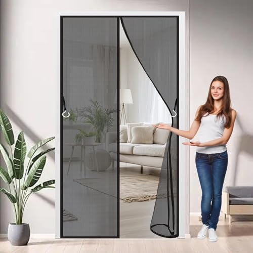 Rideau Moustiquaire Porte 115x128cm Noir Maille Ultra-Fine