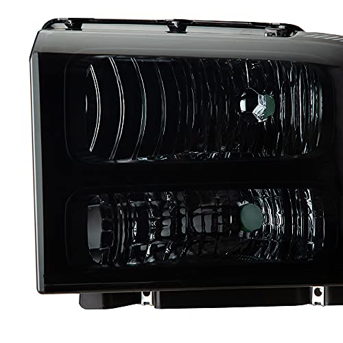 Image of GRAND ORANGE Headlights Assembly Compatible with 2005-2007 Ford F250 F350 F450 F550 Super Duty /Fit 2005 Ford Excursion Headlamp Driver & Passenger Side Smoke lens Black Houing Clear Reflector