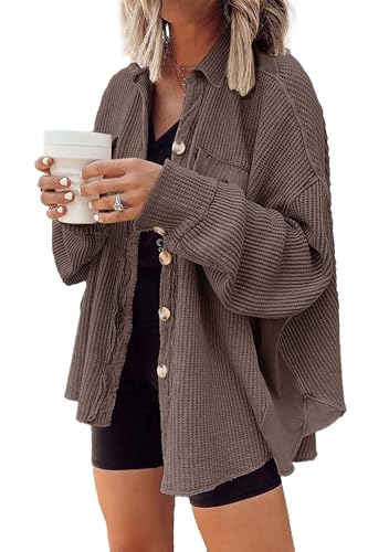 Nirovien Waffle Shirt Womens Shacket Oversized Waffle Knit Long Sleeve Shirt Womens Button Down Jacket(Coffee,S)