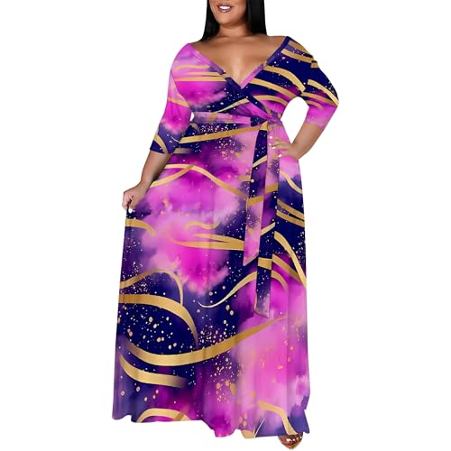 Image of SUZONANA Plus Size Maxi Dresses for Curvy Women African Church Formal Sundress Long Wrap Dressy Outfits with Belt Wedding Guest