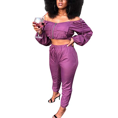 Sexy Two Piece Outfits for Women - Long Sleeve Crop Tops High Waisted Pants Jumpsuit Sexy Club Outfits Purple - Thumbnail 3