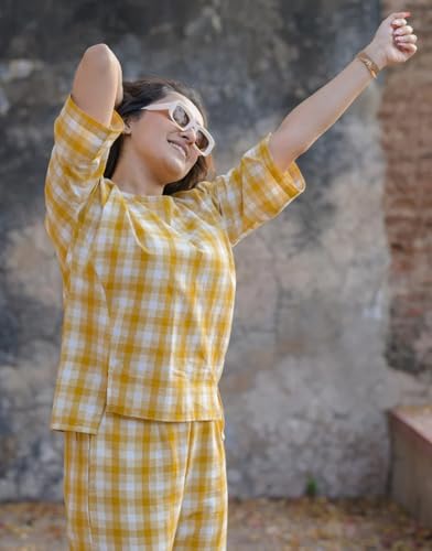 Fabnex Stylish Printed Cotton Blend Co Ord Set For Women || Casual & Festive Indo-Western Outfit (K-126-Yellow-M)