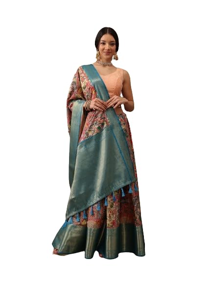 Amazon Brand - Anarva Women's Kalamkari Digital Printed Kanjeevaram Silk Saree With Blouse Piece
