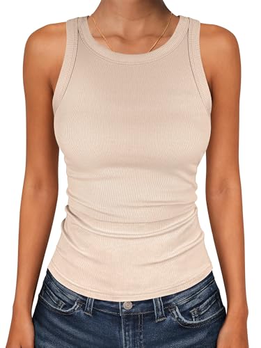 ANRABESS Sleeveless Tank Tops for Women High Neck Racerback Ribbed Knit Top Summer 2026 Casual Basic Slim Fit Workout Shirts Beige Large