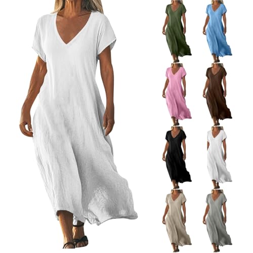 Leinen-Freizeitkleider für Damen,lockeres Leinenkleid mit V-Ausschnitt, Einfarbiges Damen-Maxikleid aus Baumwollleinen in Übergröße mit kurzen...