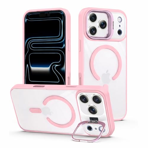 VONZEE Clear Camera Kickstand Case for iPhone 17 Pro Max, Built-in Adjustable Camera Stand, Clear Magnetic Mag-Safe Shockproof Classic Series Phone Cover (Pink)