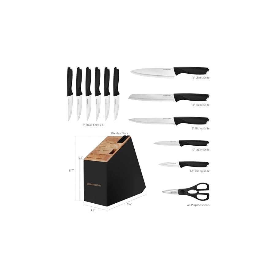 diamosteel Kitchen Knife Set with Block, 13 Pieces Knife Block Set with Built-in Sharpener Scissors for Kitchen, High Carbon Stainless Steel Knife Set (Black)