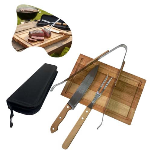Kit Churrasco Premium 3 Peças com Tábua em madeira com canaleta ideal para cortar Carnes, Frios, Barbecue, com Kit de Faca, Garfo, Pegador e Estojo de Transporte, Tamanho Grande 30x20cm.