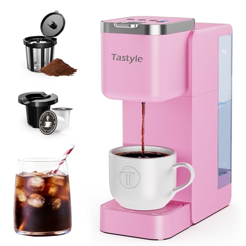 Image of Tastyle Single Serve Coffee Maker, Iced and Hot Coffee Machine for K Cup & Grounds, Compact Design, 40oz Removable Water Reservoir, 6 to 24 Oz Brew Sizes, Fits 7.3" Travel Mug, Pink