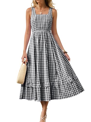 Caracilia Womens Summer Casual Gingham Plaid Midi Dress Sleeveless Square Neck Flowy Beach Vacation Sundress with Pockets Black White Plaid Small