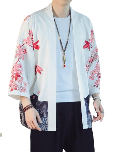 Image of PRIJOUHE Men's Lightweight Kimono Jacket Seven Sleeve Open Front Cardigan Coat Japanese Style Bathrobe