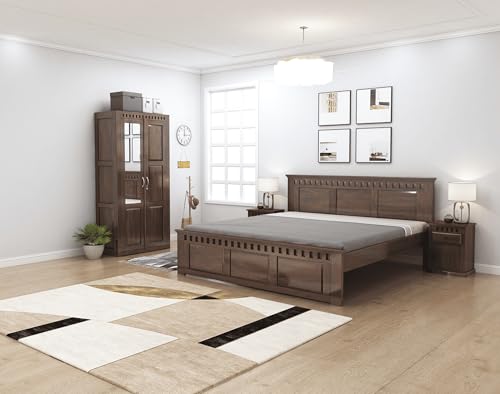 Image of SONA ART & CRAFTS Kuber Solid Sheesham Wood Bed Queen Size (78x60) Bedroom Set | Queen Size Bed Without Storage Wardrobe & Two Bedside Tables - Walnut Finish (Assembly Included)
