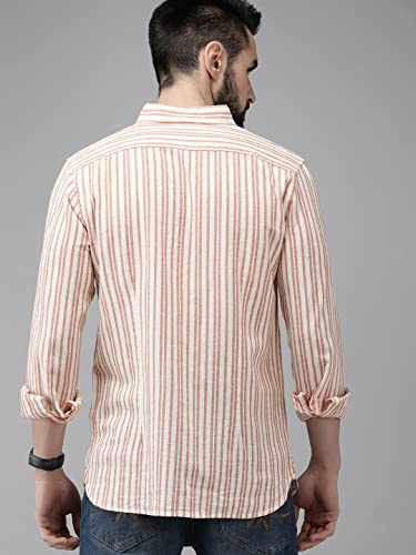 Image of THE BEAR HOUSE Men's Off White & Orange Slim Fit Striped Linen Cotton Casual Shirt | 3XL |TBH-ORB-OR-3XL |