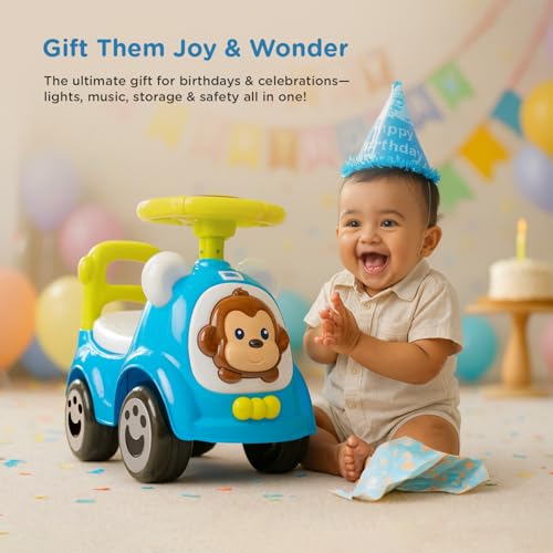 Image of Mee Mee Swift Cruze 3-in-1 Ride On Stroller Push Car for Boys & Girls, 1 Year+, with 360 Detachable Armrest & Guardrail, Music, Lights, Backrest & Underseat Storage - Indoor & Outdoor Use (Blue)