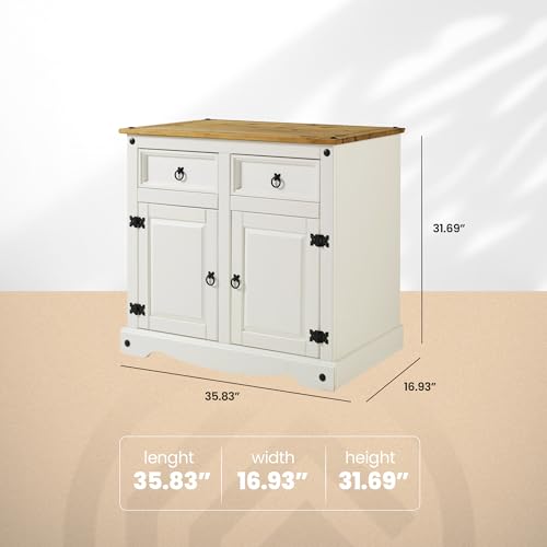 Furniture Dash Solid Wood Buffet Sideboard Cabinet 35.8" W, 16.9" D, 31.6" H - Wooden Storage Cabinet with 2 Doors & 2 Drawers - Cupboard Console Table, Ideal for Living Room - Thumbnail 2