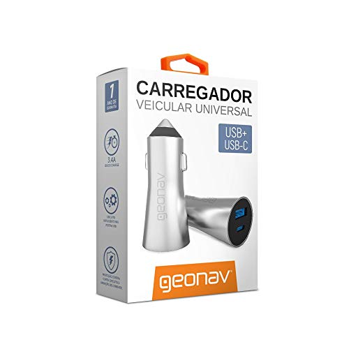 Carregador veicular universal 3.4A, 2 portas 1 USB-C (tipo C) e 1 USB, carregamento rápido, Alumínio