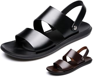Men's Leather Dual Use Casual Flat Sandals Comfortable Breatheable Non-Slip Slip-on Summer Open Toe Beach Sandals for Outdoor Walking Hiking Driving
