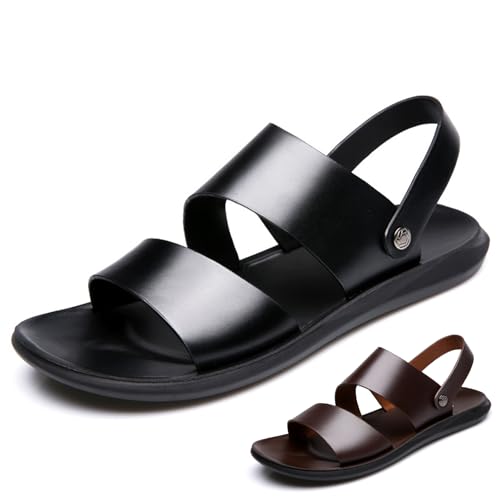 Men's Leather Dual Use Casual Flat Sandals Comfortable Breatheable Non-Slip Slip-on Summer Open Toe Beach Sandals for Outdoor Walking Hiking Driving