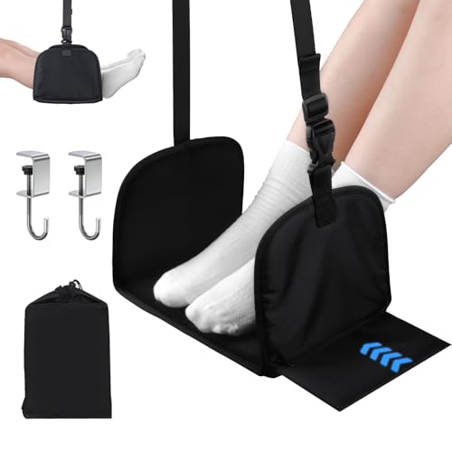 PENGARO Flugzeugfußstütze, Fuß Hängematte Büro Fußstütze mit 2 Haken, Höhenverstellbar Flugzeug Fußhocker Breite Fußstütze Hängematte für Lange Flüge Bequem Reise Schreibtisch Gaming, Schwarz