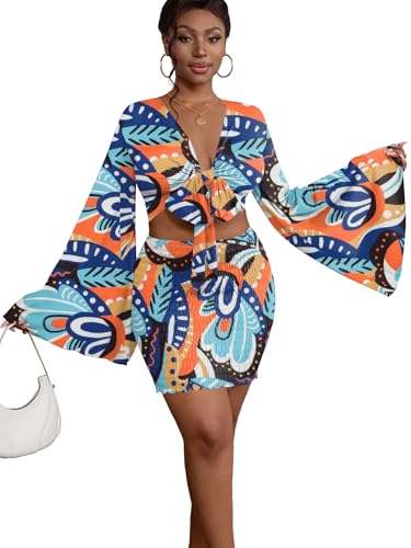 Image of LYANER Women 2 Piece Vacation Outfits Tie Knot Front Bell Long Sleeve Crop Top and Mini Skirt Summer Set