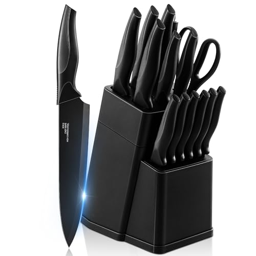 HaWare Messerblock mit Messerset, 15-teiliges Edelstahl Messer Set mit Block, Scharfes Küchenmesser Set mit Wetzstahl/Schere/Steakmesser, Profi Kochmesser für Schneiden Hacken Zerkleinern, Schwarz
